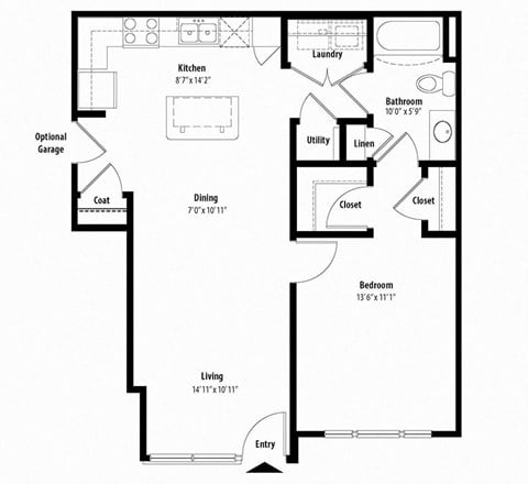 Floor plan for 1 bed, 1 bath, 760 sqft